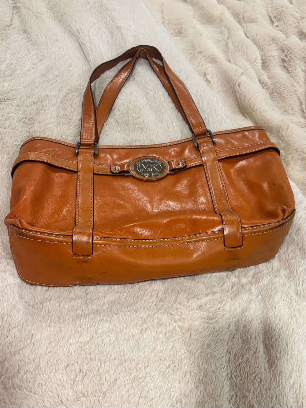 Michael Kors Cognac Leather Shoulder Tote with Logo Plaque
